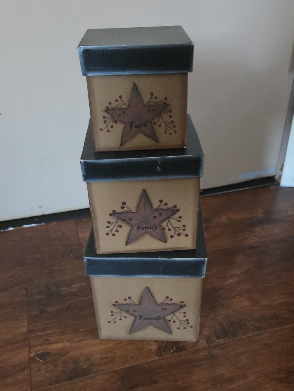 Stacked Decorative Storage Boxes - Brown with Black Lids